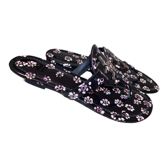 Designer Tory Burch Miller Sandal Patent Leather Black & Floral Print New Size 8 - Picture 6 of 11